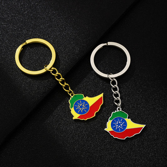 Llavero con la bandera de Etiopía en acero de titanio con diseño étnico, accesorio unisex