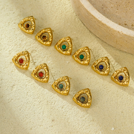 Pendientes de acero inoxidable vintage con diseño de triángulo plegado, chapado en oro de 18 quilates y acentos de piedra natural