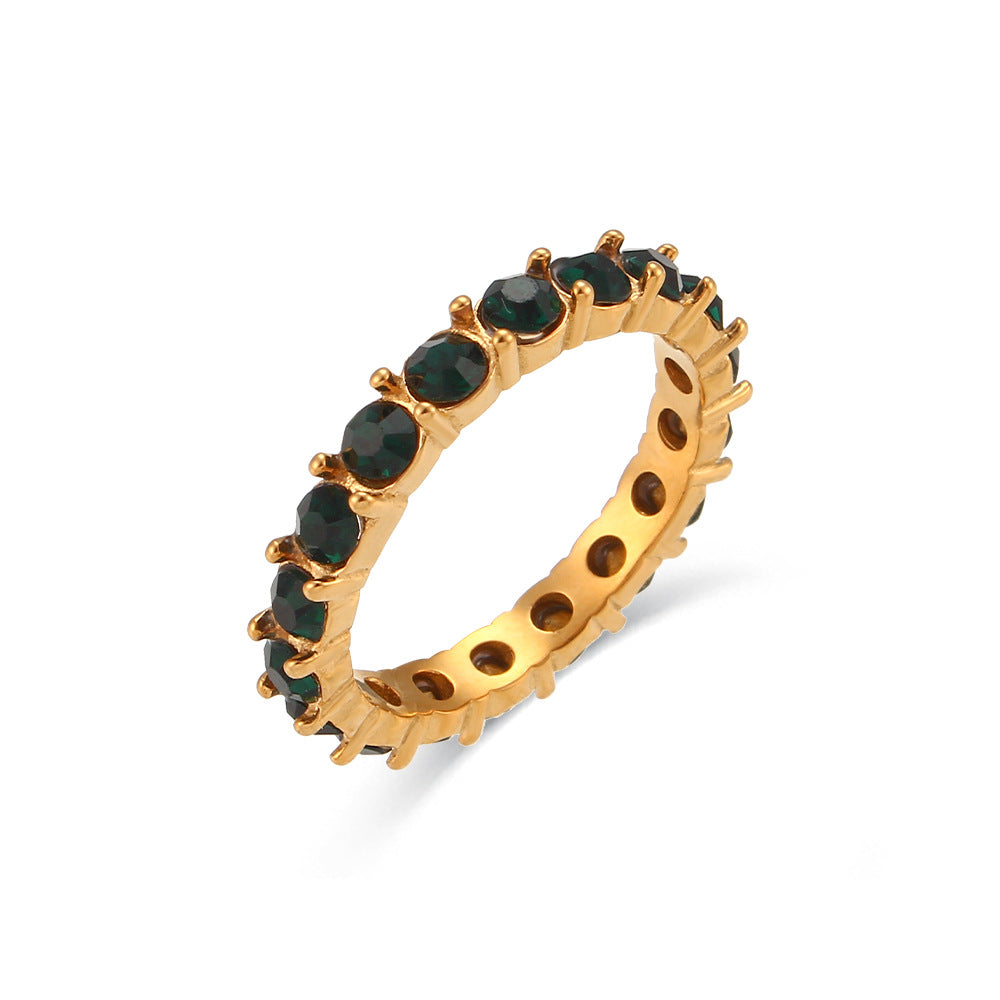 Minimalist Geometric Stainless Steel Ring for Women with 18K Gold Plating and Micro-Paved Colored Zirconia