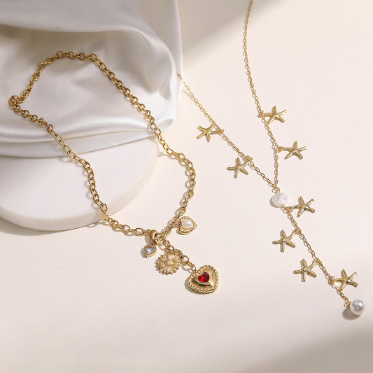 Minimalist Stainless Steel Star Heart Geometric Pendant Necklace with Tassel