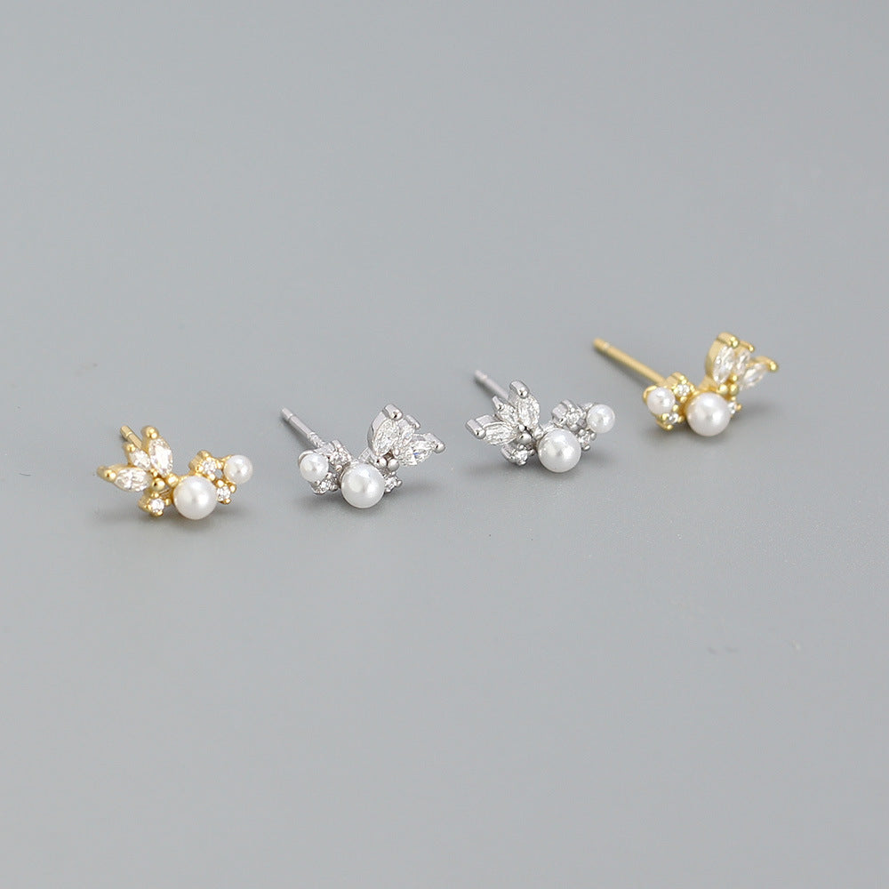 Sweet Elegant 925 Sterling Silver Geometric Round Oval Pearl Cubic Zirconia Stud Earrings for Women