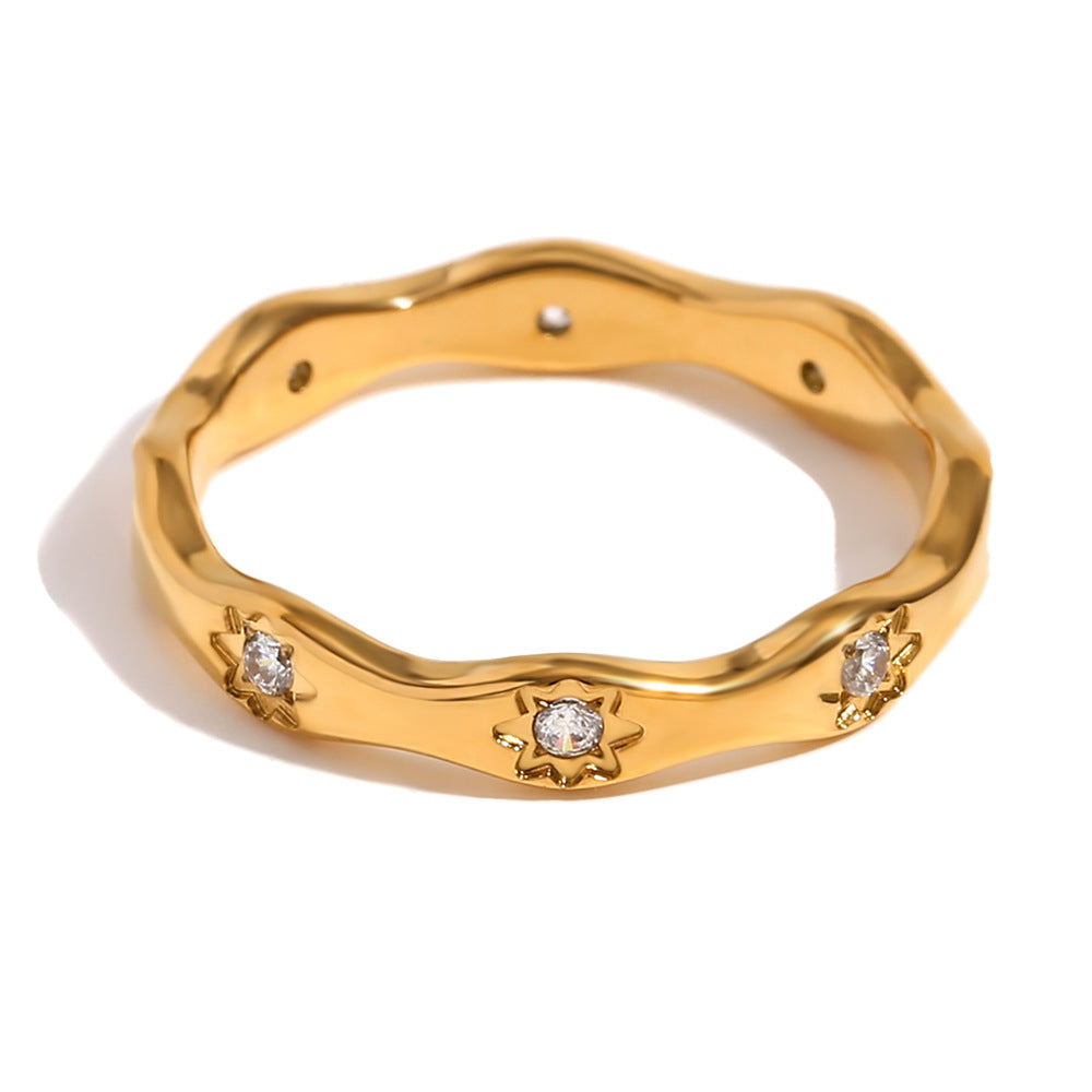 Minimalist Geometric Wave Octagram Stainless Steel Ring for Women with 18K Gold Plating