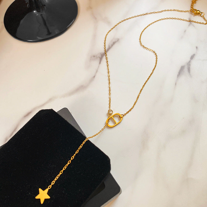 Streetwear Gold Plated Star Titanium Steel Necklace with Cubic Zirconia Tassel for Unisex