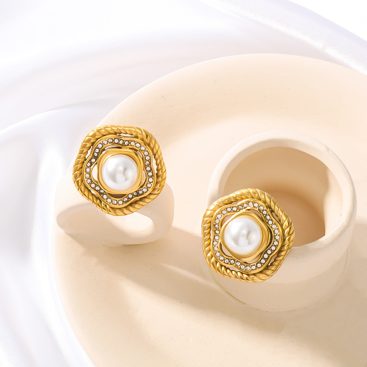 Vintage French Palace Style Geometric Earrings with Pearl and Zircon Inlay Stainless Steel Plated in 18K Gold for Women