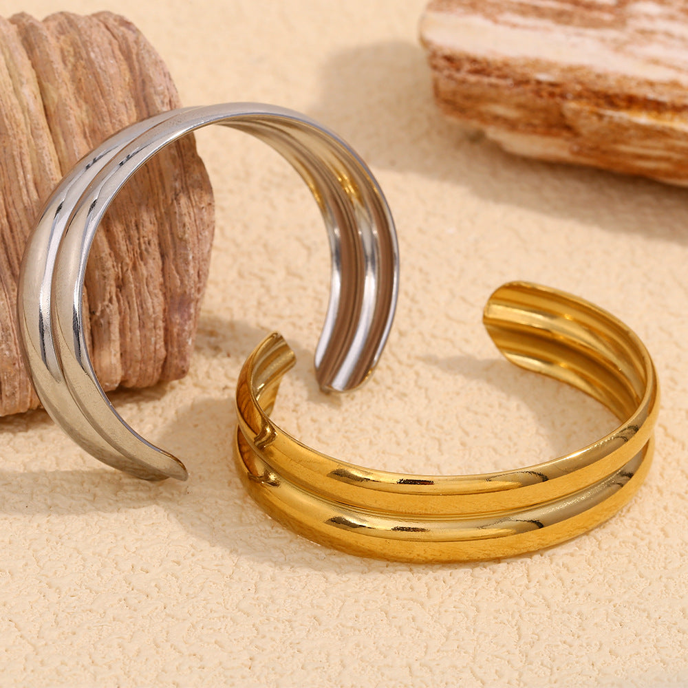 Bracciale Minimalista Elegante a Doppio Strato Largo in Acciaio Inossidabile da Donna con Placcatura in Oro 18K