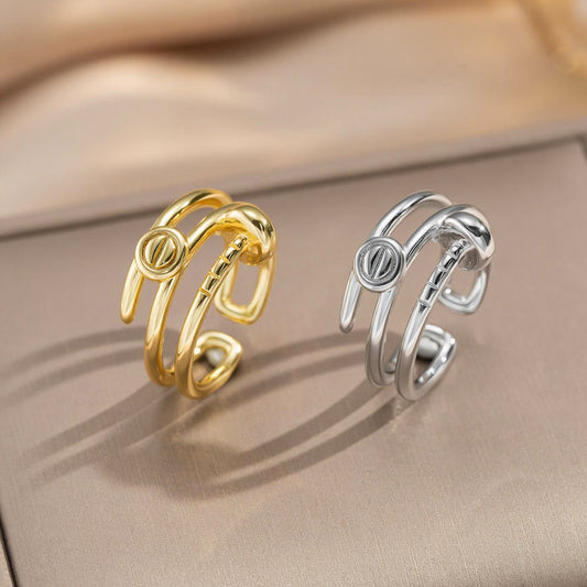 Minimalist Modern 18K Gold Plated Geometric Nail Ring with Circular Rhinestone Inlay for Women
