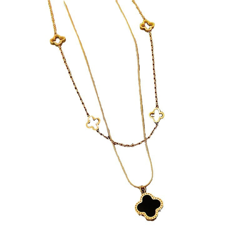Minimalist Clover Pendant Necklace for Women in Titanium Steel with Gold Plating on O-Chain Adjustable Layered Locket Style