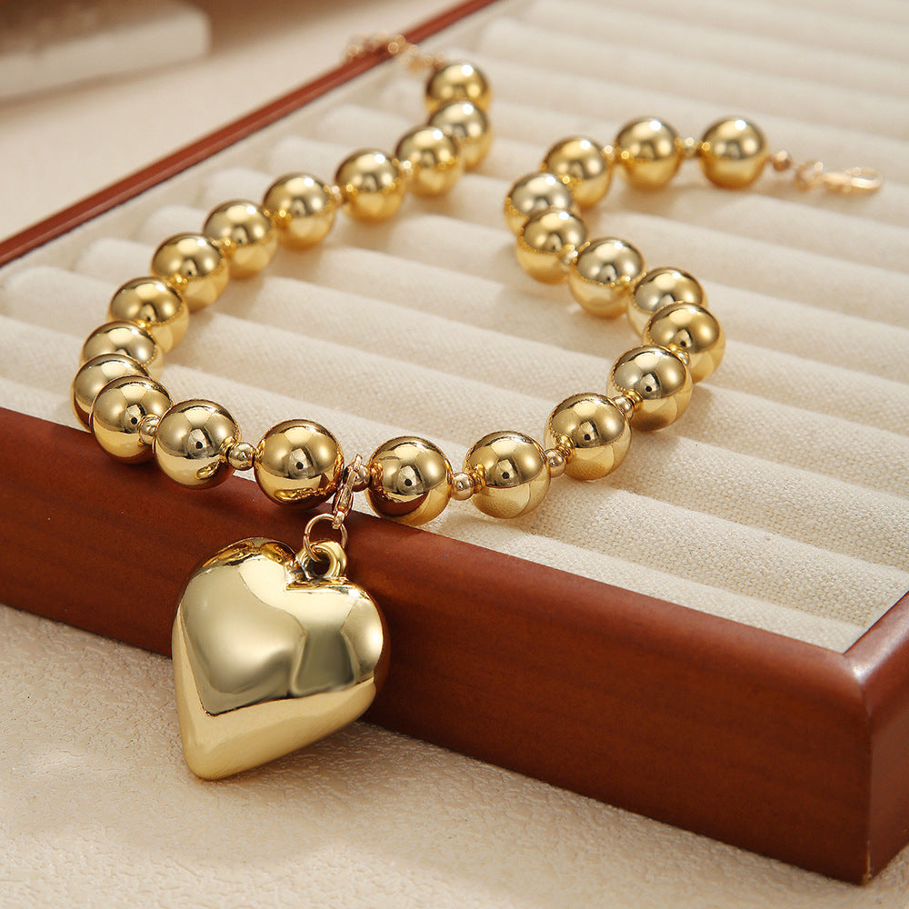 Irregular Geometric Heart Pendant Alloy Beaded Cable Chain Necklace