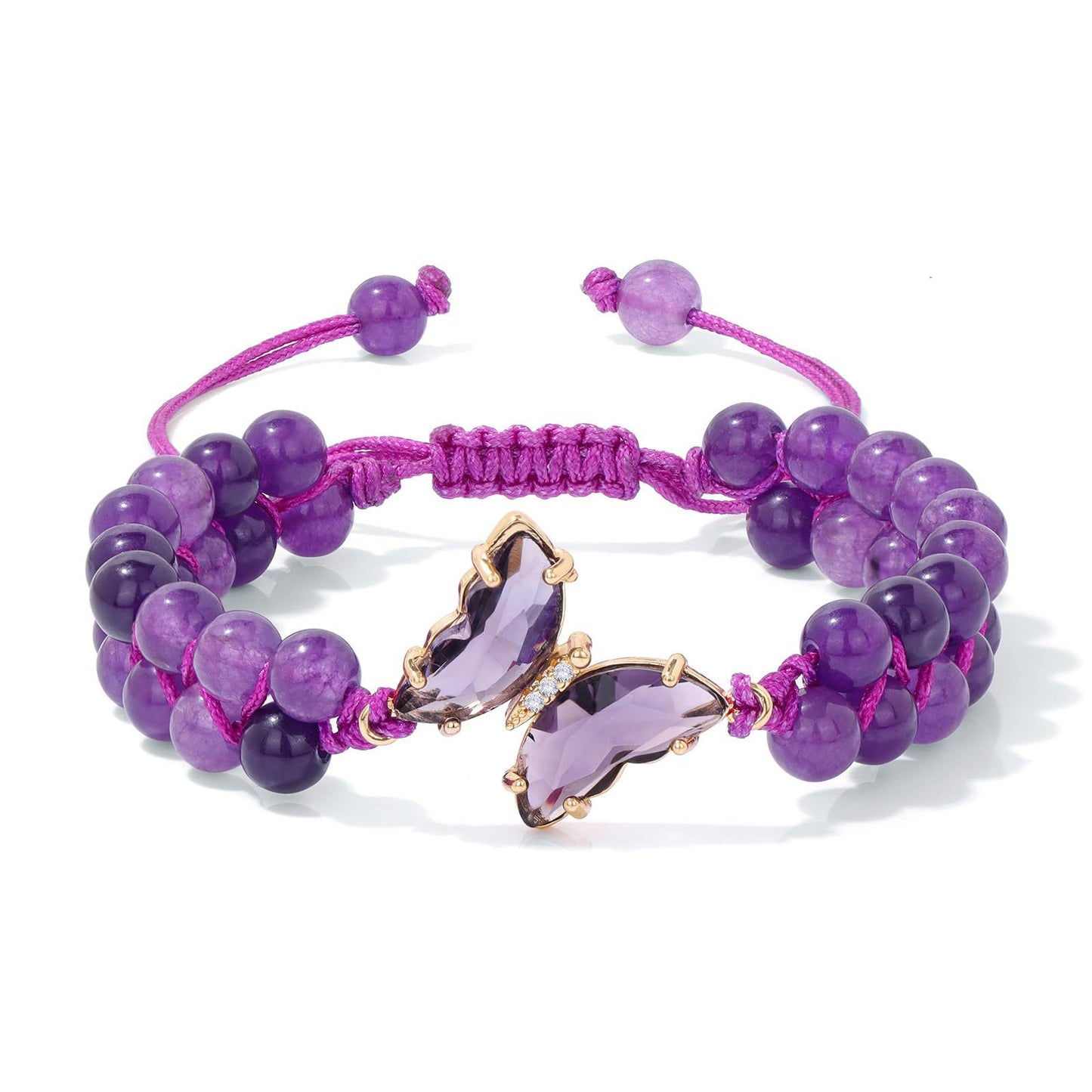 Minimalist Natural Amethyst and White Cat's Eye Crystal Chip Beaded Bracelet with Butterfly Charm for Women