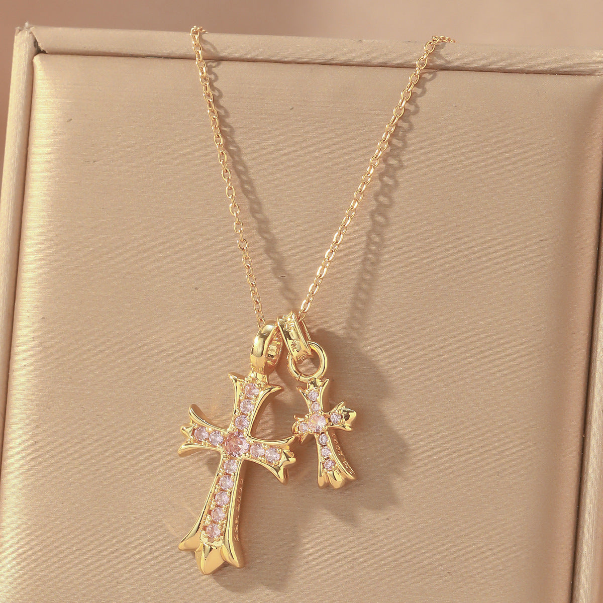 Luxury Sweet Double Cross Pendant Plated Titanium Steel Necklace with Curb Chain for Women