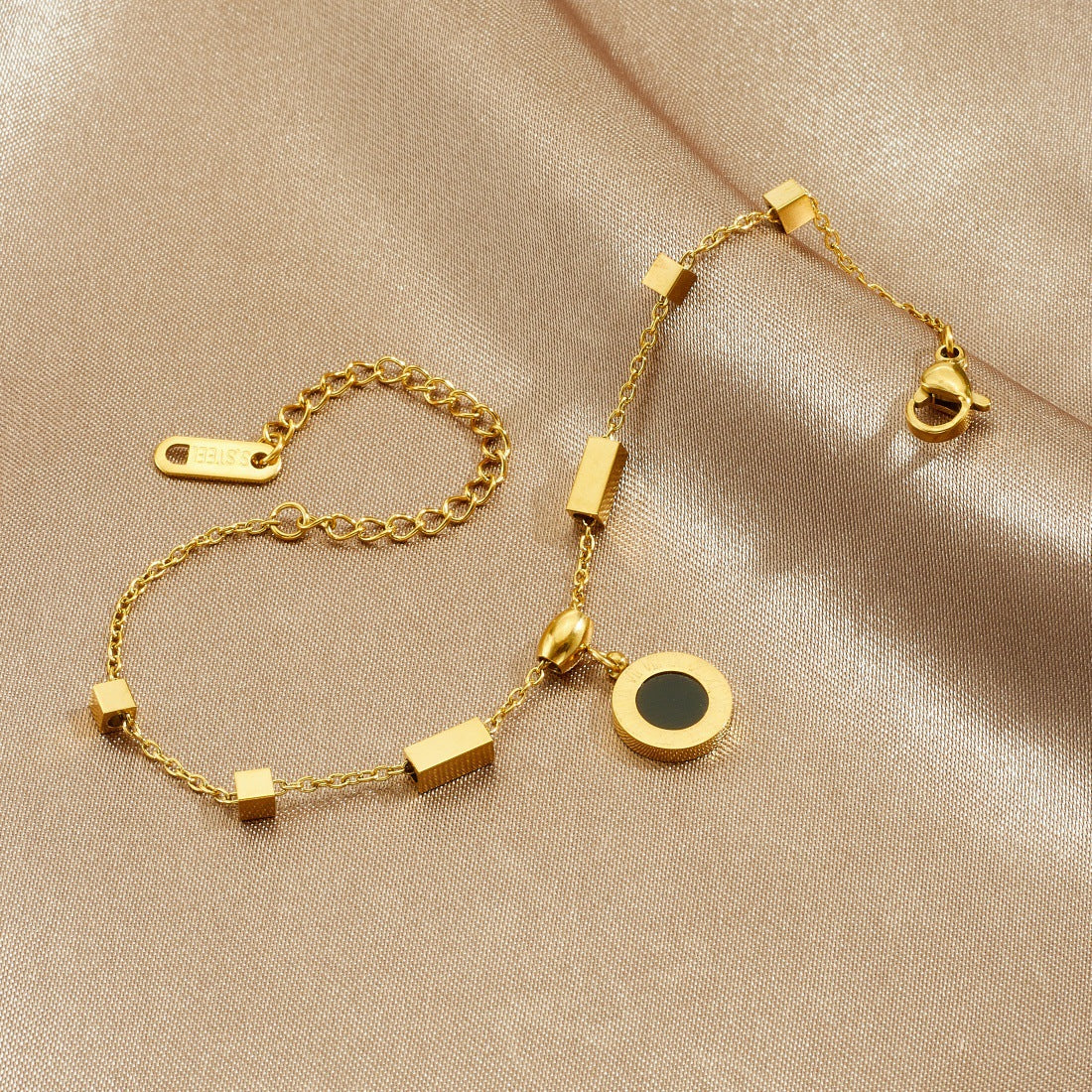 Vintage Gold Plated Round Square Geometric Stainless Steel Chain Bracelet for Women