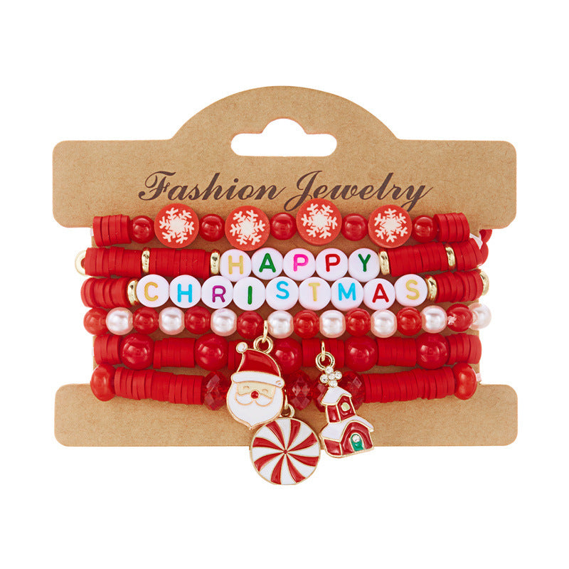 Bracciale Elastico Natalizio alla Moda con Perline in Lega e Ciondoli a Forma di Fiocco di Neve, Renna e Babbo Natale per Donna