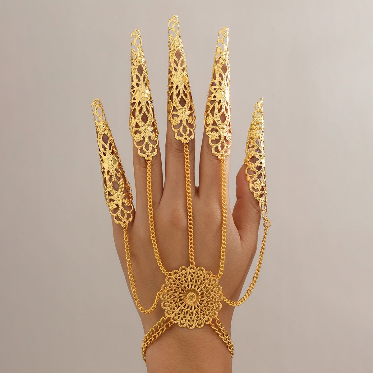 Gothic Punk Plated Alloy Geometric Floral Finger Chain Bracelet for Women