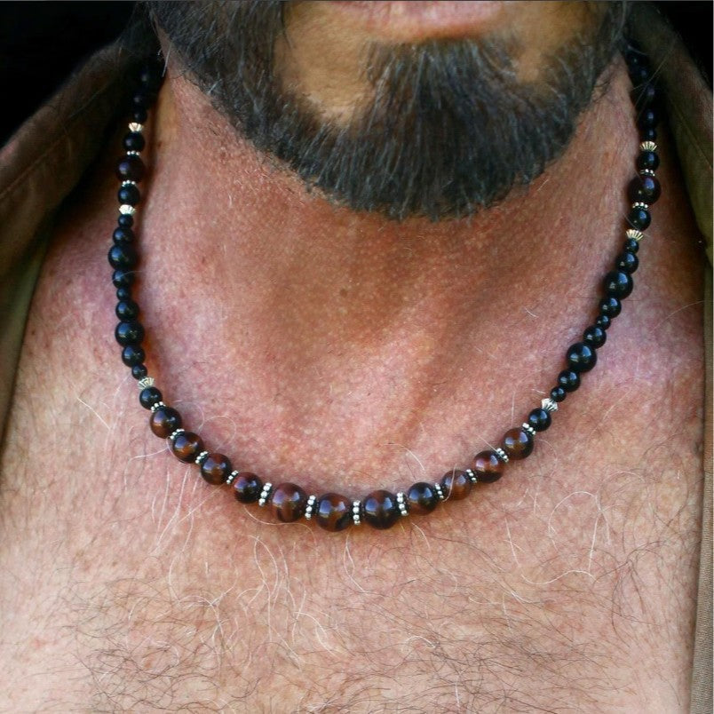 Hip-hop Punk Vintage Geometric Round Black Diamond Tiger's Eye Handmade Beaded Necklace Cable Chain Unisex