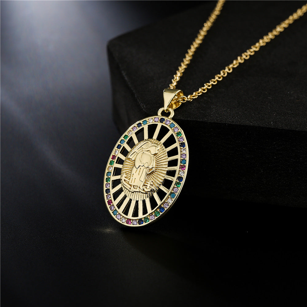 18K Gold Plated Geometric Brass Necklace with Micro-Inlaid Cubic Zirconia Pendant on Cable Chain