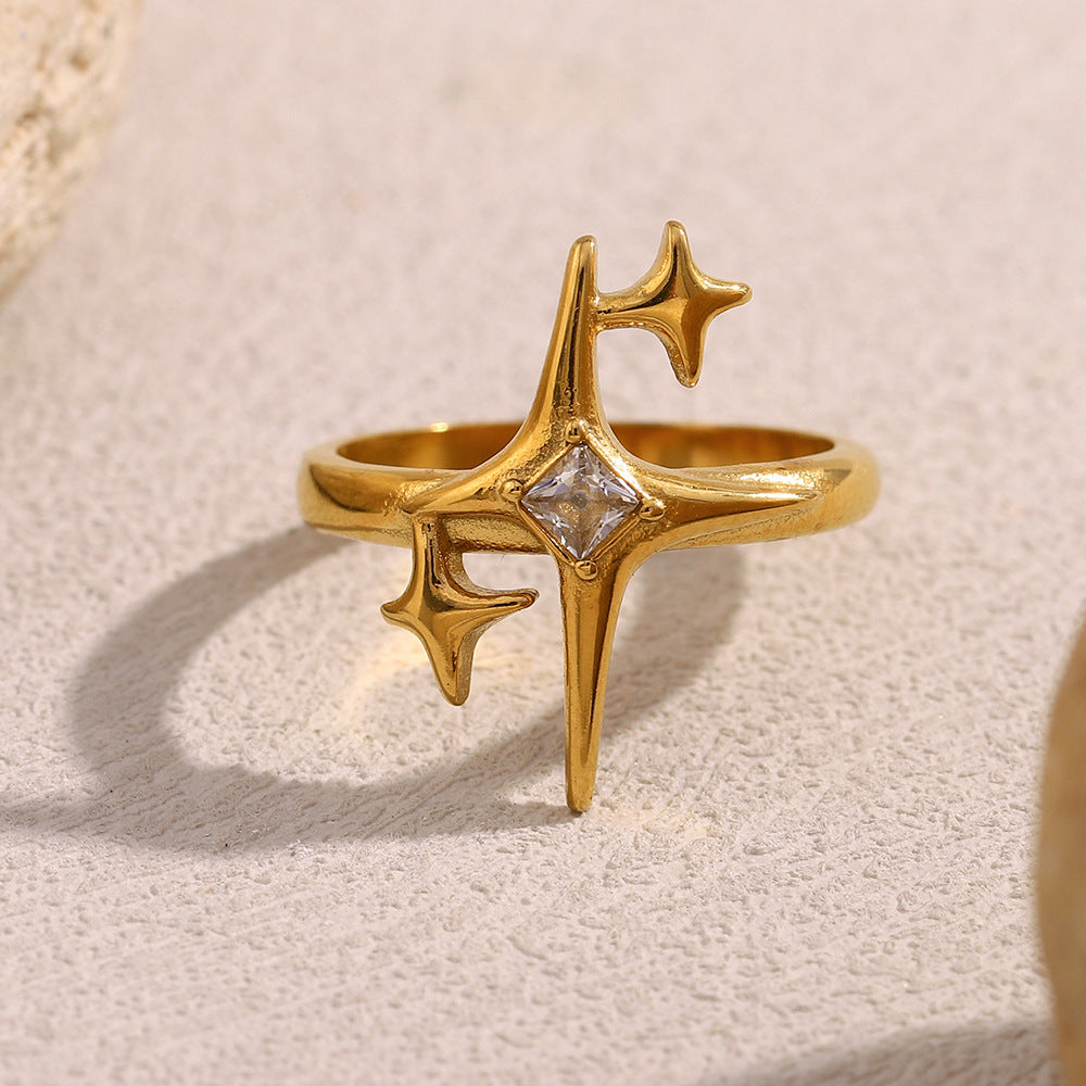 Minimalist Geometric Stainless Steel Ring with 18K Gold Plating and Star-Shaped Cubic Zirconia for Women