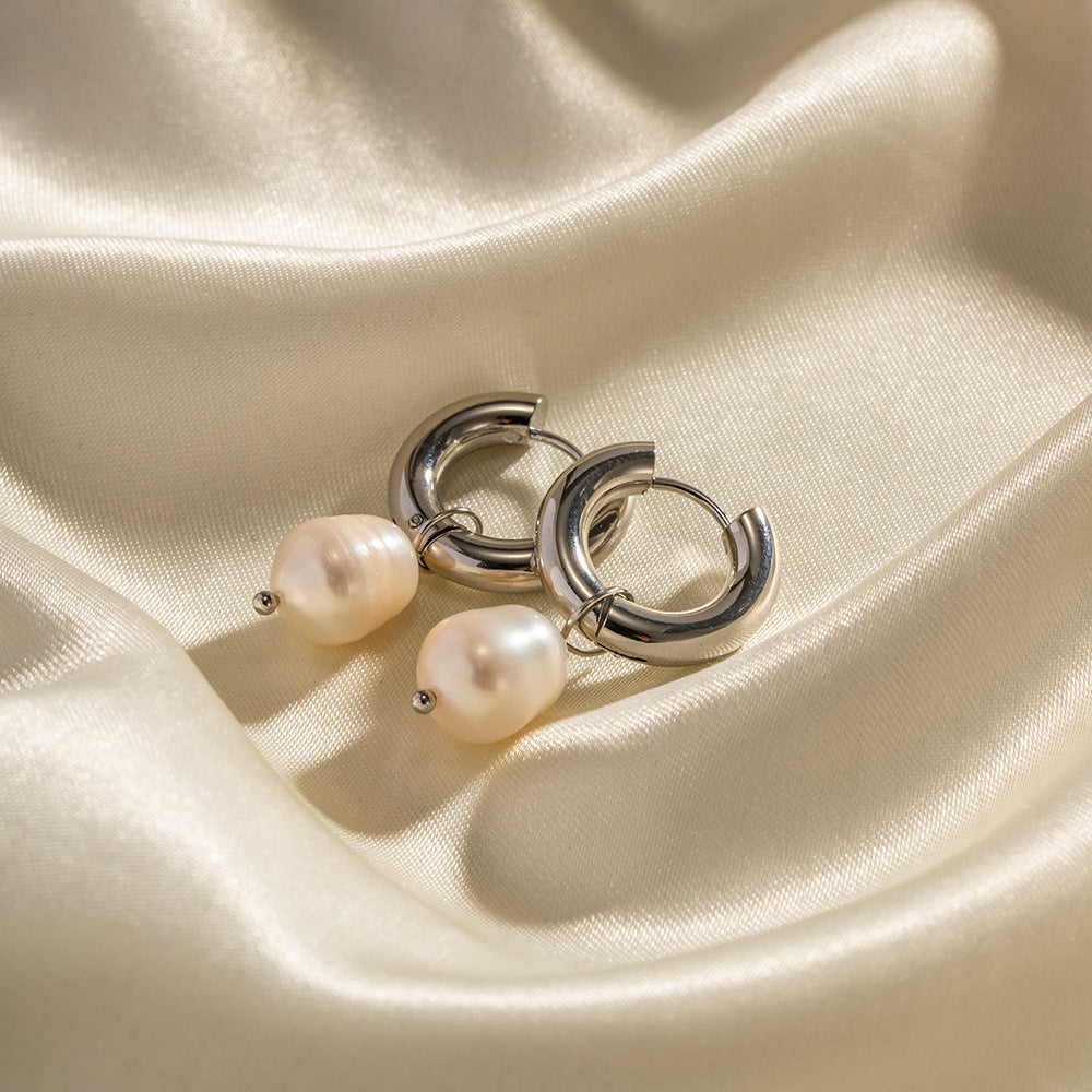 Pendientes minimalistas geométricos de acero inoxidable con colgante de perla natural de agua dulce para mujer