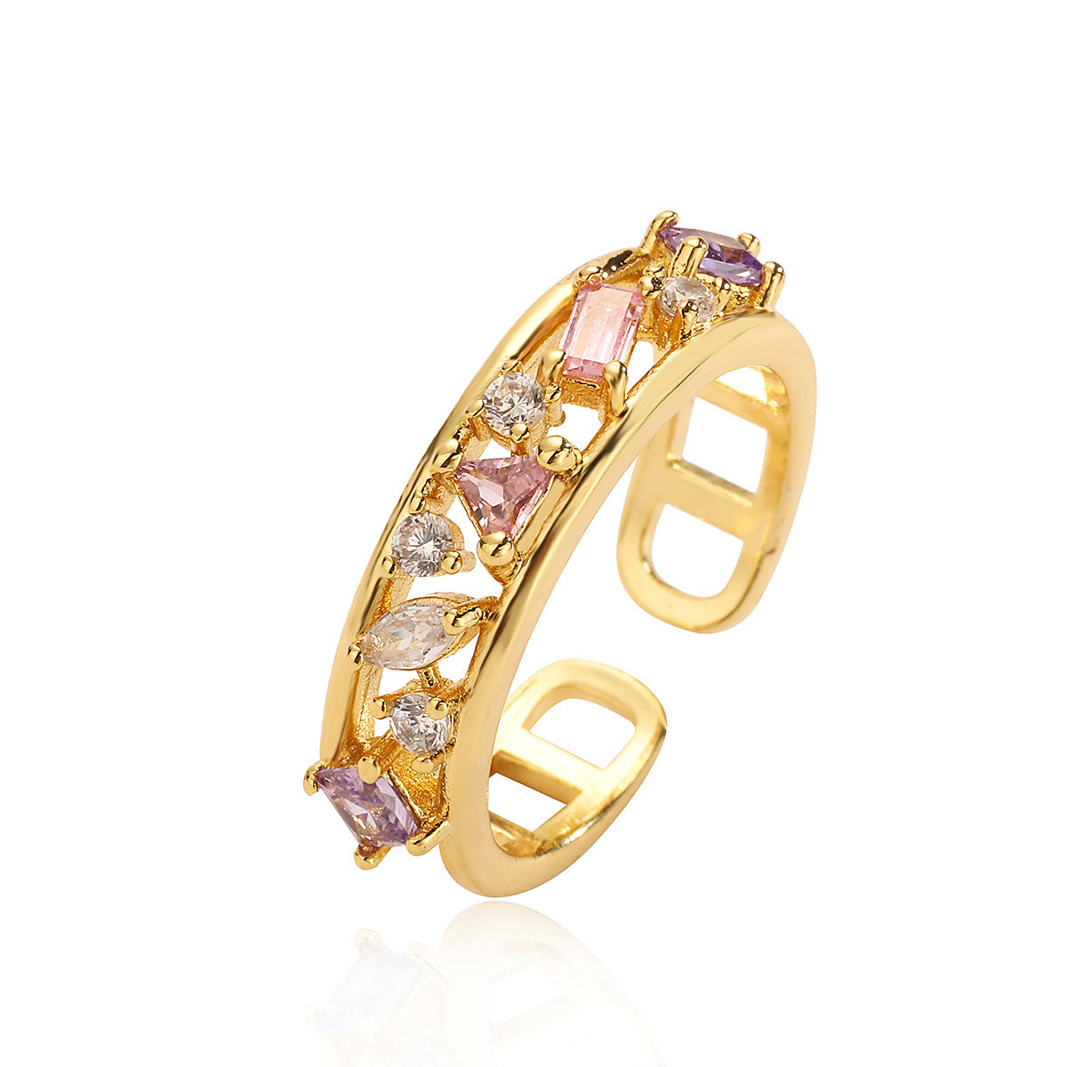 Minimalist Geometric Open Ring for Women in Brass with 18K Gold Plating, Zircon and Pearl Inlay