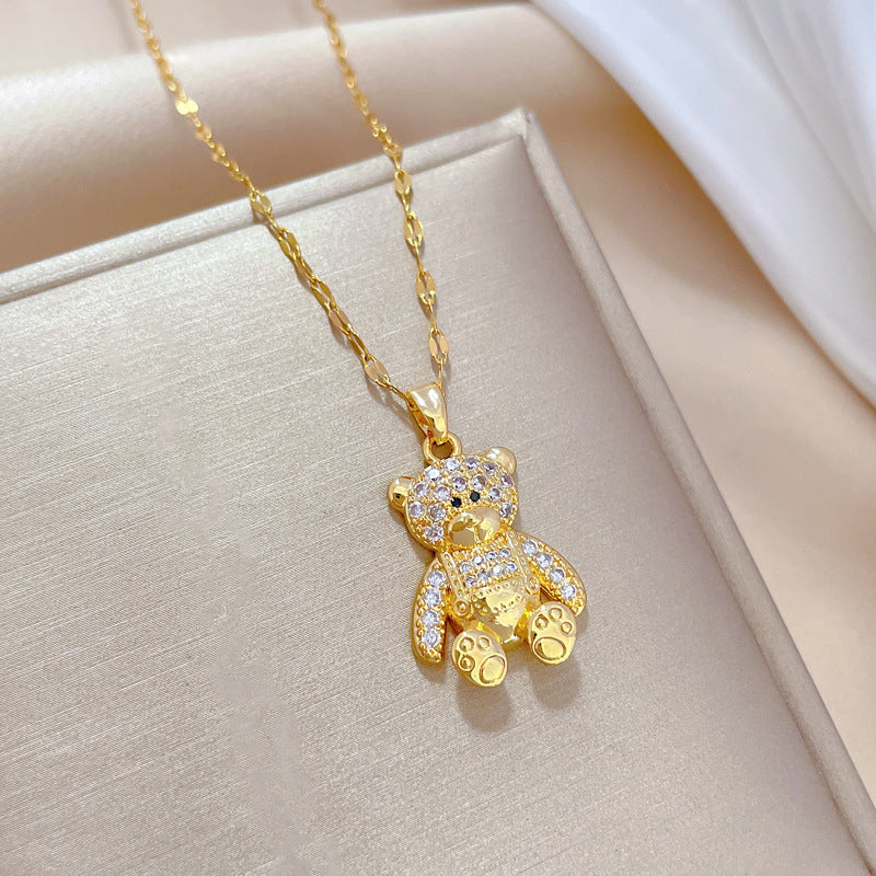 Collana con ciondolo a orso minimalista in acciaio inossidabile con intarsio in strass, delicata catena clavicola per donne e uomini