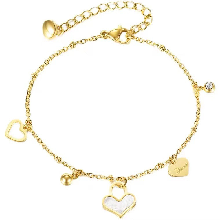 Sweet Feminine Titanium Steel Rhinestone-Inlaid Heart-Shaped Hollow Shell Bracelet for Women