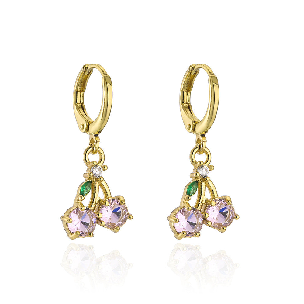 Chic Floral Cherry Geometric Earrings for Women in Copper with 18K Gold Plating and Micro-Paved Zirconia