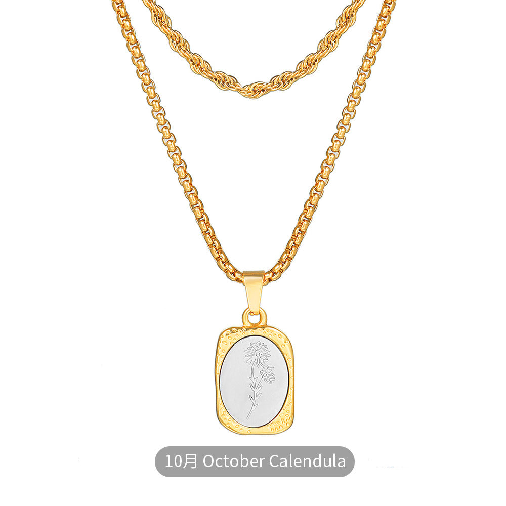 Vintage Two-Tone Gold and Silver Plated Stainless Steel Square Rose Pendant Necklace with Box Chain for Women