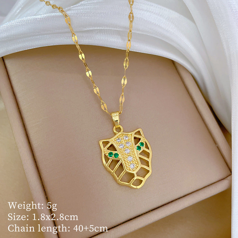 Luxury Leopard Head Pendant Necklace for Women Stainless Steel Snake Chain with Rhinestone Accents Geometric Design
