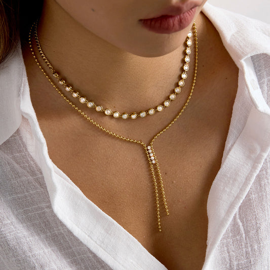 Collana a catena a Y in acciaio inossidabile placcato oro 18 carati con pendente a nappina di strass per donna, lusso minimalista