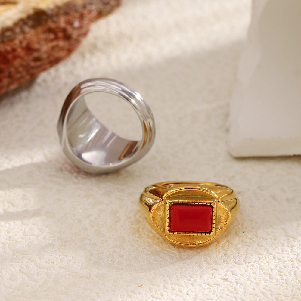 Anello da Donna in Acciaio Inossidabile con Placcatura Oro 18K, Pietra Rossa, Stile Geometrico Vintage, Accessorio di Lusso alla Moda