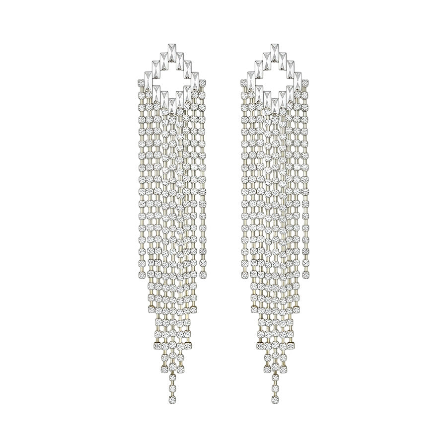 Pendientes colgantes geométricos elegantes en forma de rombo con incrustaciones de circonitas en base de cobre y postes de acero inoxidable para mujer