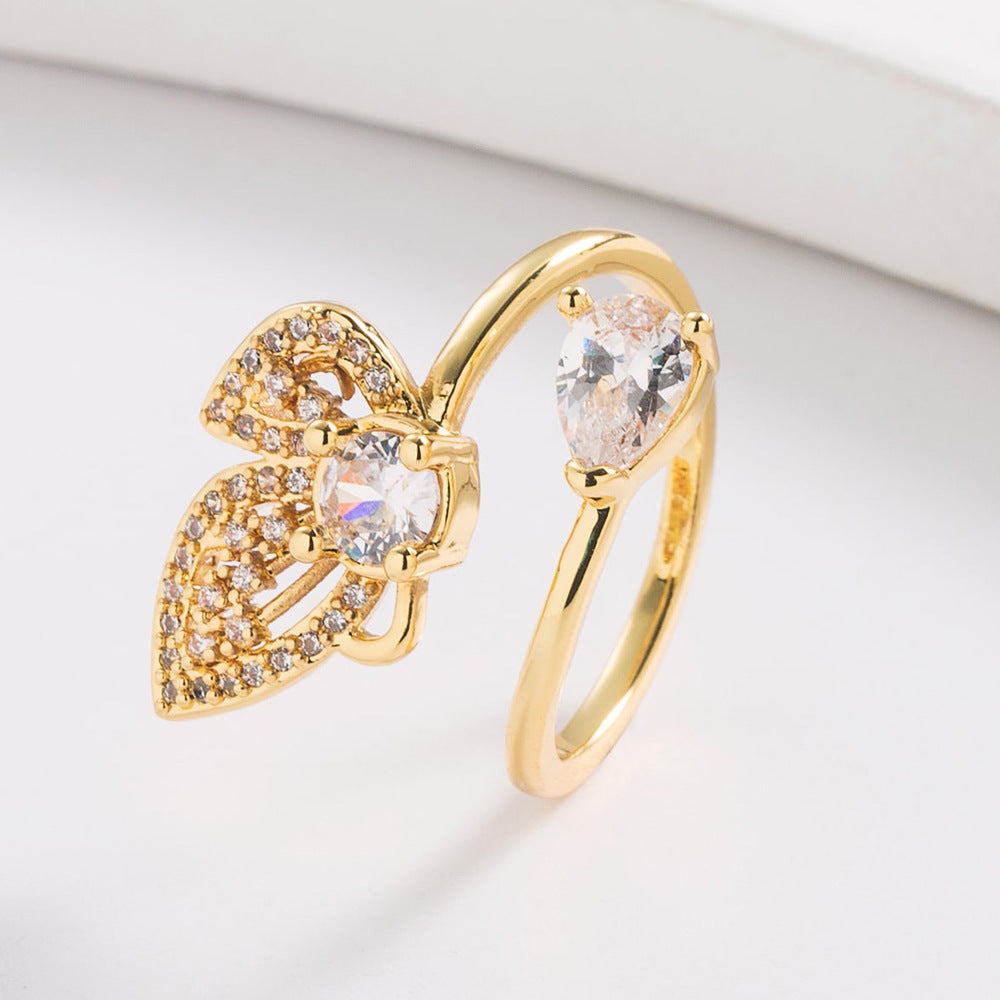 Elegant Butterfly-Shaped Geometric Open Ring for Women in Brass with Real Gold Plating, Micro-Pave Setting, Irregular Design
