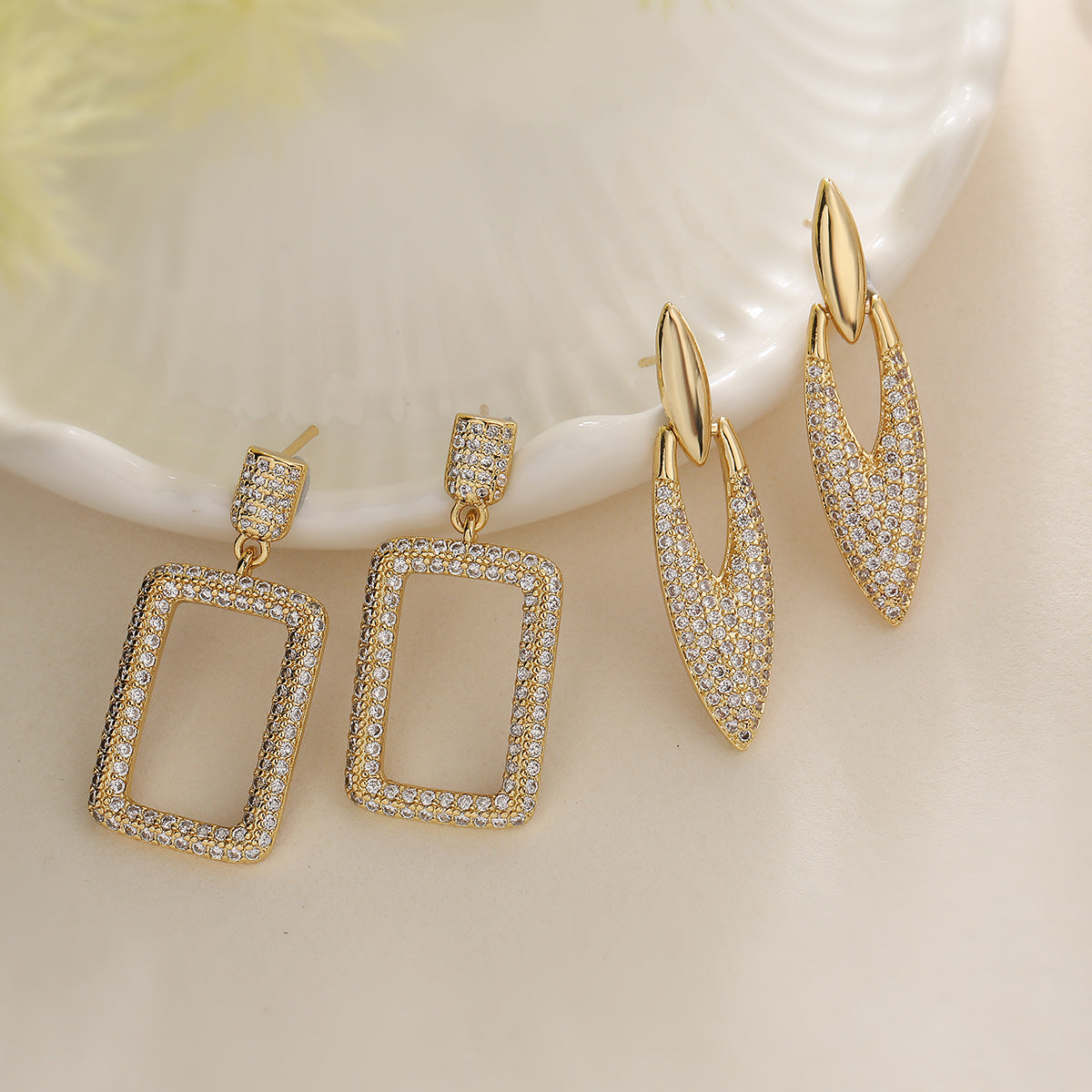 Minimalist Geometric Copper Earrings with 18K Gold Plating and Zircon Inlay for Women