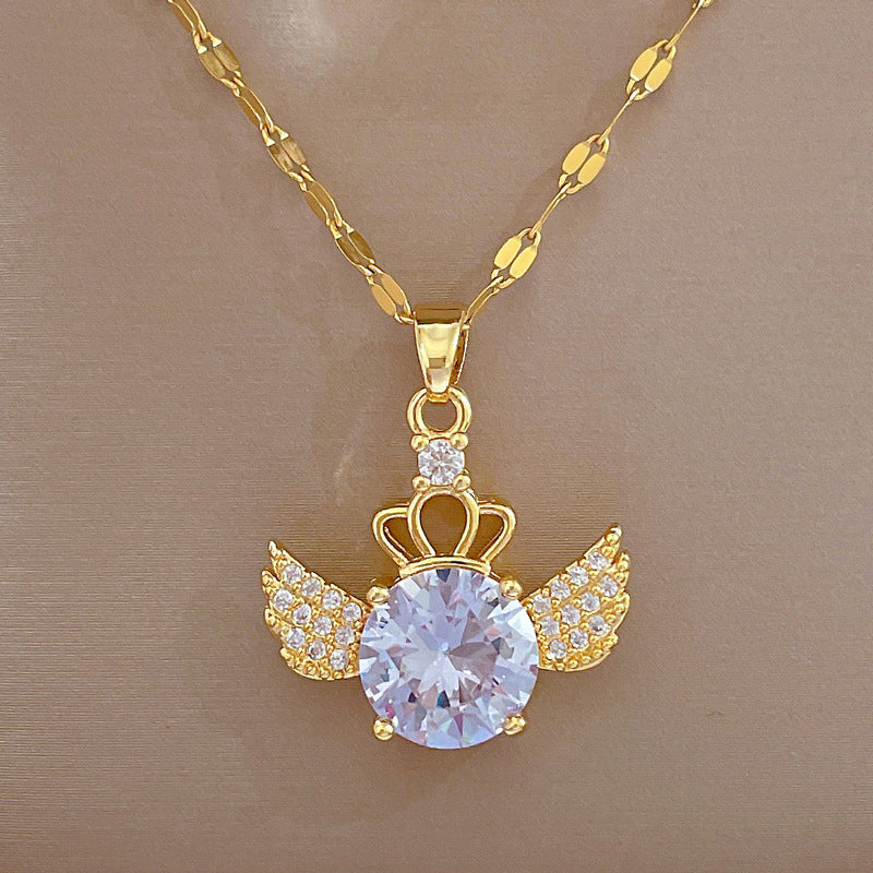 Collar minimalista geométrico con colgante de luna para mujeres y hombres Cadena de acero inoxidable con diseño de corona y alas