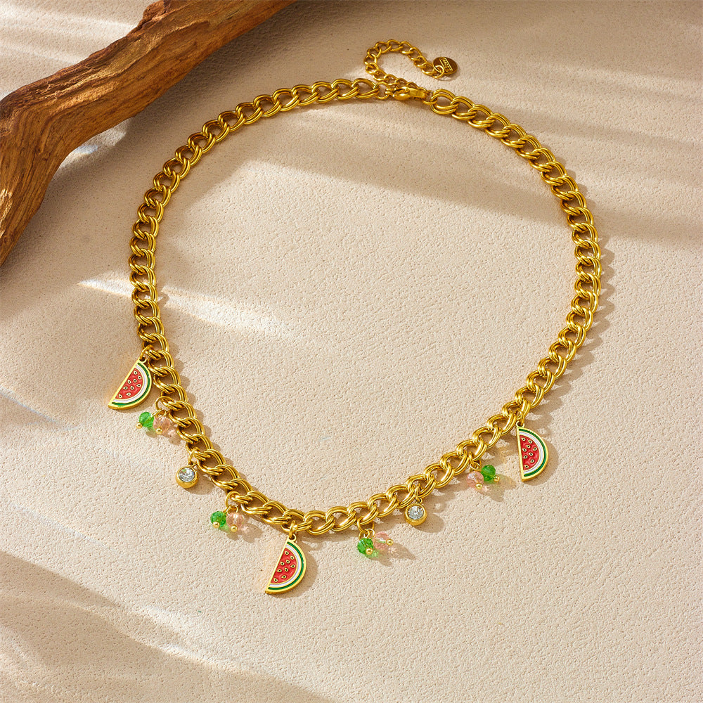 Collana da donna con ciondolo in smalto a forma di anguria e catena in acciaio inossidabile