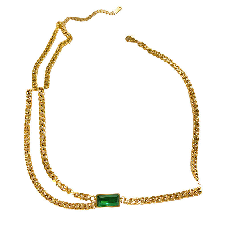 Green Cubic Zirconia Geometric Titanium Steel Plated Layered Necklace Set