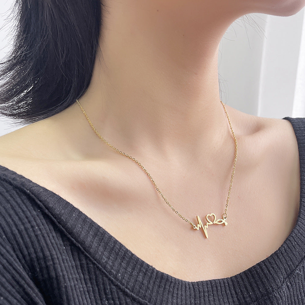 Casual Heart Geometric Titanium Steel Plated EKG Heartbeat Necklace for Unisex