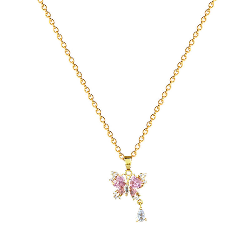 Pink Butterfly-Shaped Titanium Steel Necklace with Full Rhinestone Inlay for Women, Delicate Clavicle Chain with Geometric and Natural Moon Motif