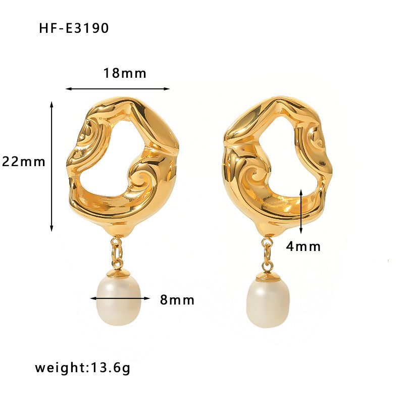 Vintage Luxe Stainless Steel 18K Gold Plated Asymmetrical Hollow Lava Geometric Pendant Earrings with Freshwater Pearl