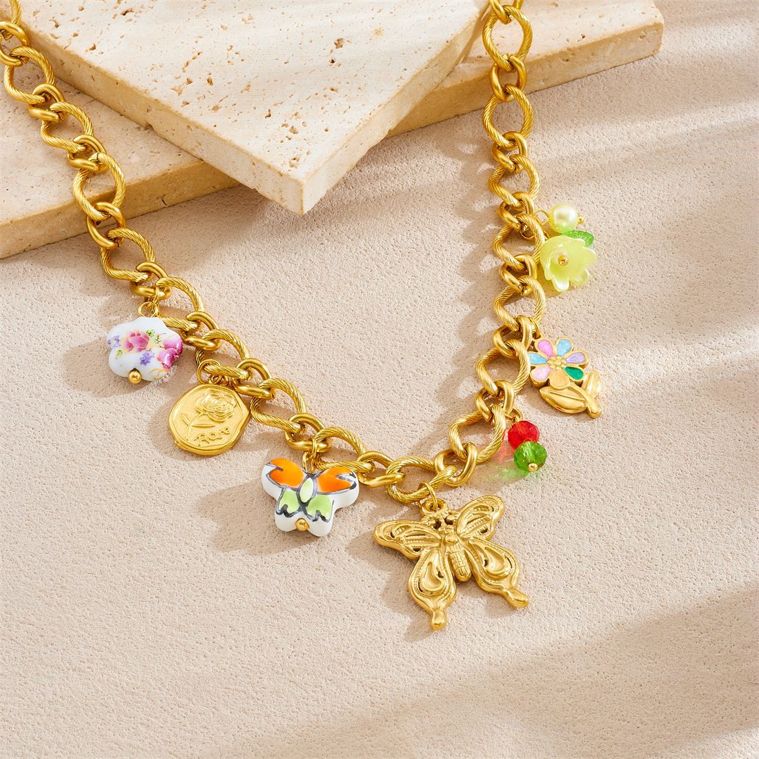 Sweet Elegant Gold Plated Ceramic Floral Butterfly Drip Oil Pendant Necklace and Bracelet Set for Women with Cable Chain