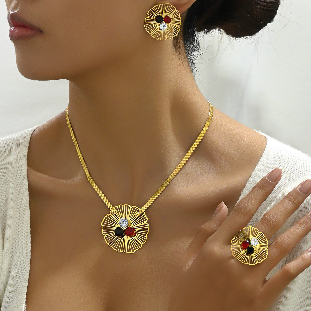 Luxury Floral Pendant Necklace Set with Zircon Inlay Copper Jewelry for Women Including Earrings Necklace and Bracelet