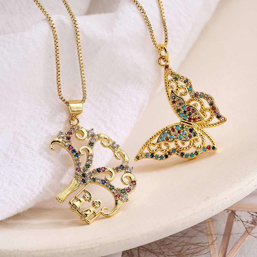 Minimalist Butterfly Life Tree Pendant Necklace for Women in Copper with Gold Plating and Zircon Inlay