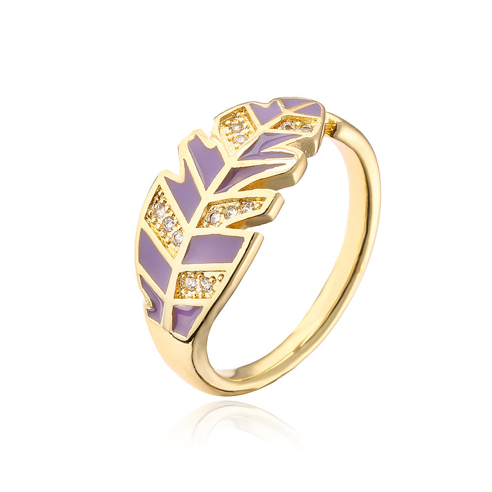 Anello Minimalista Geometrico a Foglia in Rame con Placcatura in Oro e Intarsio in Zircone per Donne