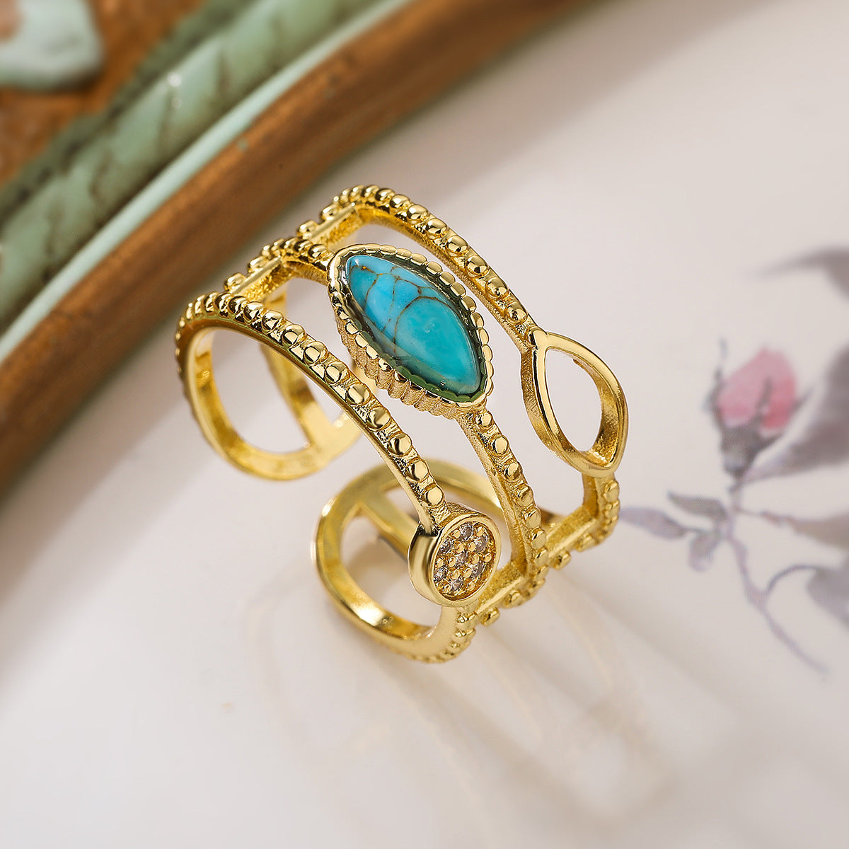 Minimalist Geometric Open Ring for Women in Brass with 18K Gold Plating and Turquoise Inlay