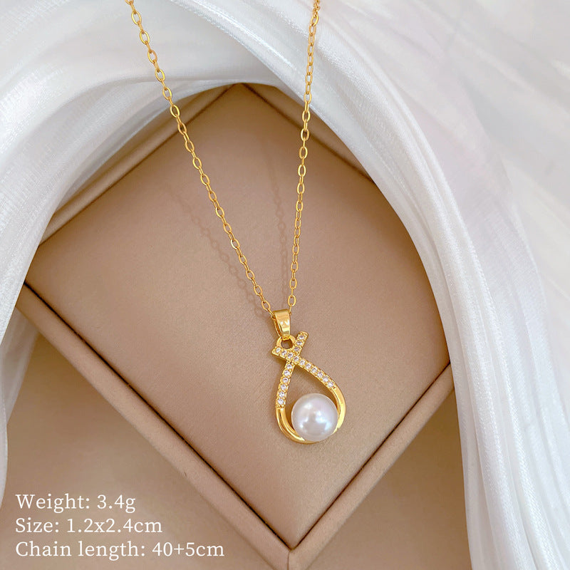Luxury Titanium Steel Geometric Necklace and Earrings Set with Pearls for Women