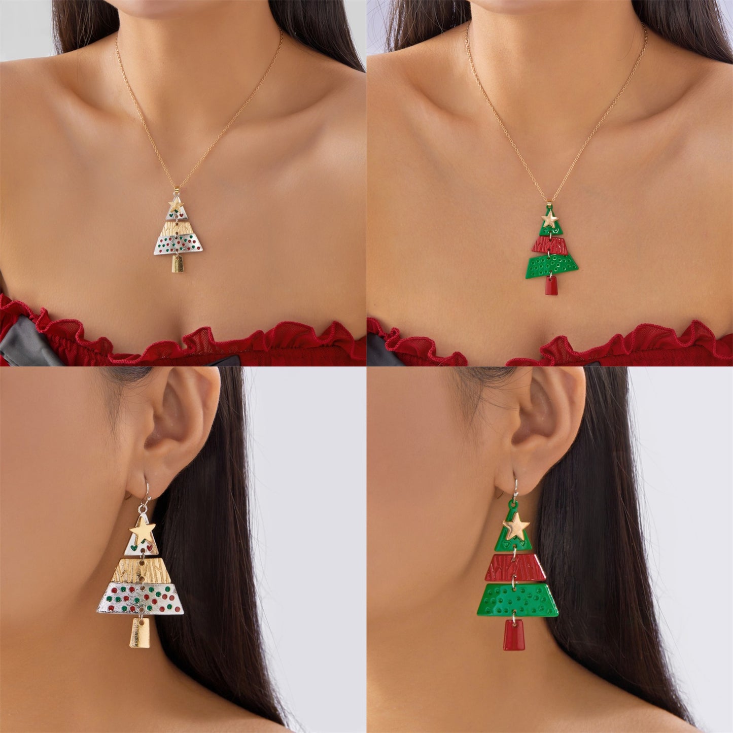 Set de Collar con Colgante de Árbol Temático Navideño con Construcción de Aleación de Zinc y Acabado Electrochapado para Uso Unisex en Días Festivos
