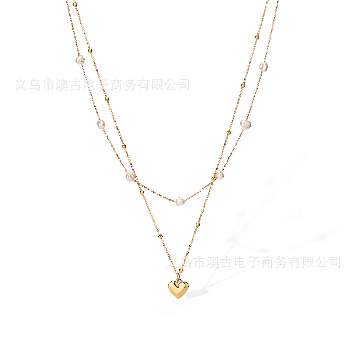 Collana con ciondolo a cuore minimalista in acciaio inossidabile con accenti di perle da donna, catena a doppio strato alla clavicola