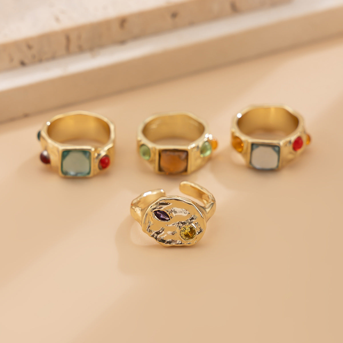 Elegant Geometric Alloy Ring with Colorful Gemstone Inlay Plated Finish for Women