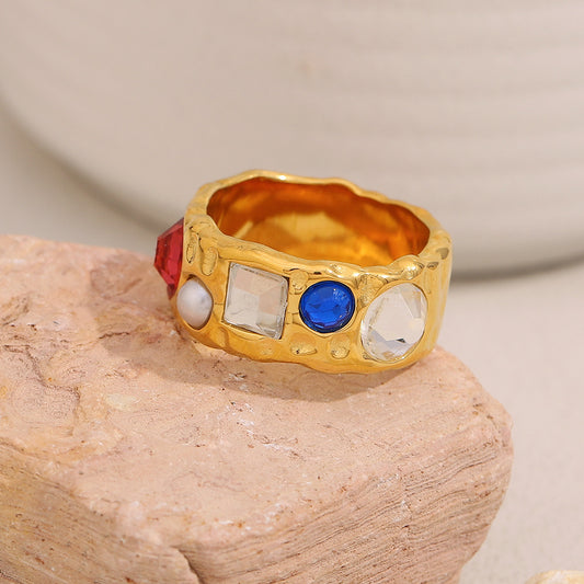 Anello geometrico da donna in acciaio inossidabile placcato oro 18 carati con zirconi