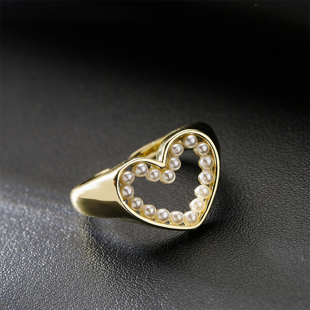 Gold Plated Brass Geometric Heart Ring with Micro-inlaid Pearl for Women
