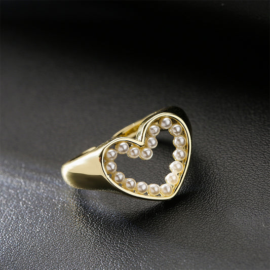 Gold Plated Brass Geometric Heart Ring with Micro-inlaid Pearl for Women